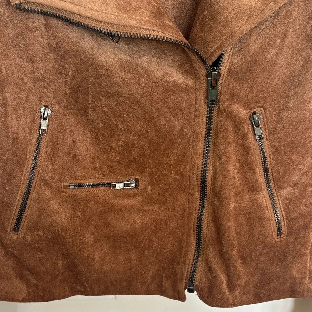 Olivaceous Brown Faux Suede Moto Jacket Size Large | Soft Zip-Up Biker Style - Picture 6 of 14